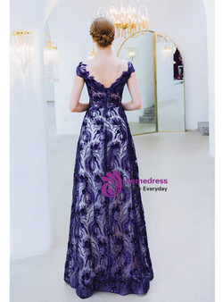 Modern In Stock:Ship in 48 Hours Dark Blue Tulle Sequins Appliques Cap Sleeve Prom Dress
