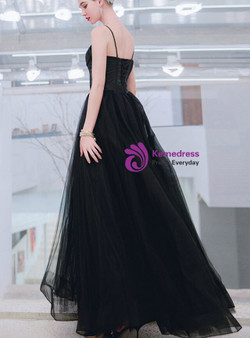 Classic In Stock:Ship in 48 Hours Black Tulle Spaghetti Straps Button Prom Dress