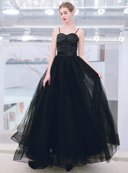 Classic In Stock:Ship in 48 Hours Black Tulle Spaghetti Straps Button Prom Dress