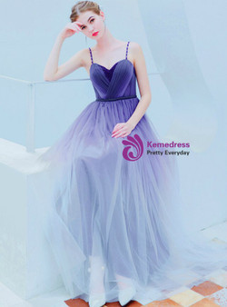 In Stock:Ship in 48 Hours Blue Purple Sapgehtti Straps Tulle Pleats Prom Dress