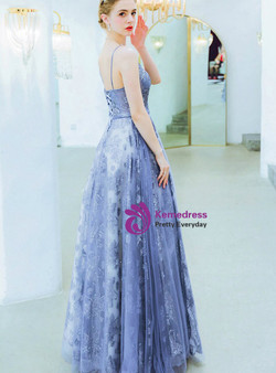 Sweet In Stock:Ship in 48 Hours Blue Tulle Sequins Spaghetti Straps Sleeveless Prom Dress