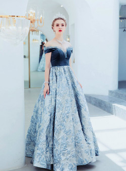 Classic In Stock:Ship in 48 Hours A-Line Blue Satin Off the Shoulder Long Prom Dress