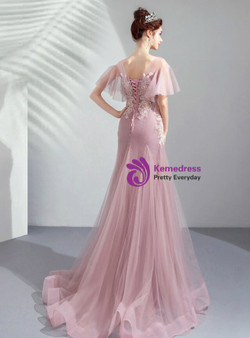 Latest In Stock:Ship in 48 Hours Sexy Pink Mermaid Tulle Appliques Prom Dress