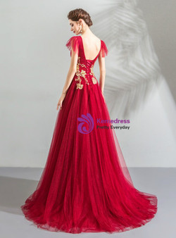Modern In Stock:Ship in 48 Hours Red Tulle V-neck Backless Appliques Prom Dress