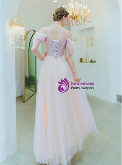 In Stock:Ship in 48 Hours Pink Spaghetti Straps Appliques Beading Prom Dress