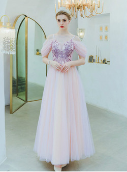 In Stock:Ship in 48 Hours Pink Spaghetti Straps Appliques Beading Prom Dress