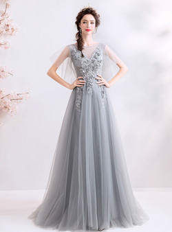 In Stock:Ship in 48 Hours Gray Tulle Appliques Beading Backless Prom Dress