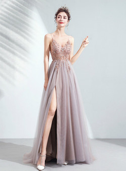 In Stock:Ship in 48 Hours Pink Tulle Spaghetti Straps Beading Prom Dress With Split