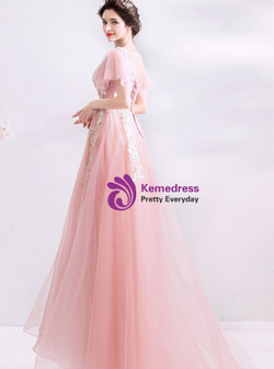 In Stock:Ship in 48 Hours Pink V-neck Tulle Embroidery Appliques Princess Prom Dress