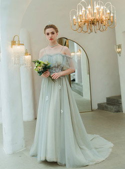 In Stock:Ship in 48 Hours Gray Tulle Spaghetti Straps Appliques Prom Dress