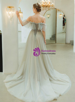 In Stock:Ship in 48 Hours Gray Tulle Spaghetti Straps Appliques Prom Dress