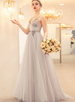 In Stock:Ship in 48 Hours Gray Blue Tulle V-neck Beading Pleats Prom Dress