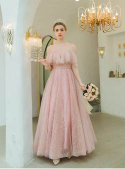 In Stock:Ship in 48 Hours Pink Tulle Sequins Beading Long Prom Dress