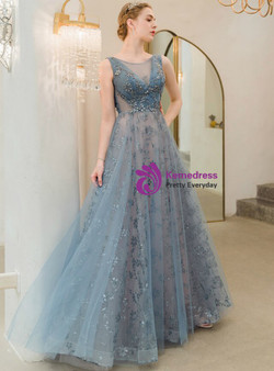 In Stock:Ship in 48 Hours Blue Tulle Backless Sequins Pleats Backless Prom Dress