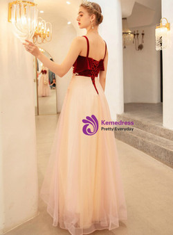 In Stock:Ship in 48 Hours Champagne Tulle Burgundy Velvet Appliques Prom Dress