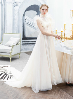In Stock:Ship in 48 Hours Ivory White Tulle High Neck Illusion Long Prom Dress