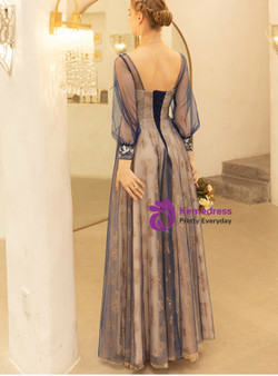 In Stock:Ship in 48 Hours Blue Tulle Sequins Square Long Sleeve Appliques Prom Dress