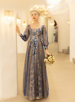 In Stock:Ship in 48 Hours Blue Tulle Sequins Square Long Sleeve Appliques Prom Dress