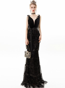 In Stock:Ship in 48 Hours Black Mermaid Sequins Tassels V-neck Prom Dress