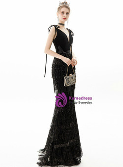 In Stock:Ship in 48 Hours Black Mermaid Sequins Tassels V-neck Prom Dress