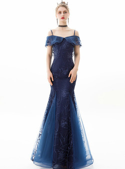 In Stock:Ship in 48 Hours Navy Blue Tulle Mermaid Spaghetti Straps Long Prom Dress