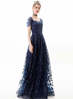 In Stock:Ship in 48 Hours A-Line Navy Blue Tulle Seuqins Long Prom Dress