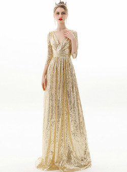 In Stock:Ship in 48 Hours Cheap Gold Seuqins V-neck 3/4 Sleeve Prom Dress
