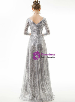 In Stock:Ship in 48 Hours Silver Seuqins Deep V-neck 3/4 Sleeve Prom Dress