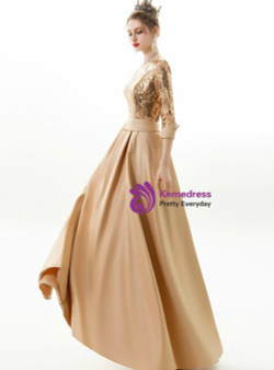 Attractive In Stock:Ship in 48 Hours Simple Gold Satin Sequins 3/4 Sleeve Prom Dress