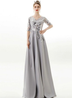 In Stock:Ship in 48 Hours Silver Gray V-neck Backless Long Prom Dress