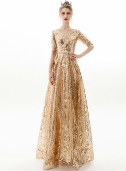 In Stock:Ship in 48 Hours Sexy Gold V-neck Sequins Short Sleeve Prom Dress