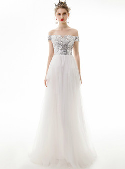 In Stock:Ship in 48 Hours White Tulle Silver Sequins Off the Shoulder Long Prom Dress