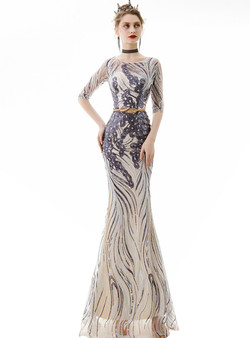 In Stock:Ship in 48 Hours Gray Tulle Sequins Mermaid Prom Dress With Belt