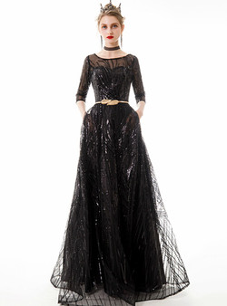 In Stock:Ship in 48 Hours A-line Black Tulle Sequins 3/4 Sleeve Prom Dress With Pocket