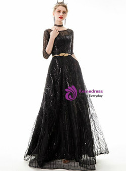 In Stock:Ship in 48 Hours A-line Black Tulle Sequins 3/4 Sleeve Prom Dress With Pocket