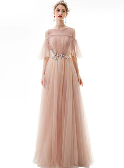 In Stock:Ship in 48 Hours A-Line Pink Tulle Appliques Pleats Long Prom Dres
