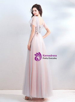 Delicate In Stock:Ship in 48 Hours V-neck Tulle Embroidery Appliques Beading Prom Dress