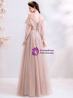 Trendy In Stock:Ship in 48 Hours Pink Tulle Appliques Long Sleeve Prom Dress
