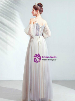 Brilliant In Stock:Ship in 48 Hours Gray Tulle Puff Sleeve V-neck Beading Prom Dress