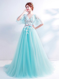 Wonderful In Stock:Ship in 48 Hours Sexy Blue Tulle V-neck Appliques Prom Dress With Bow