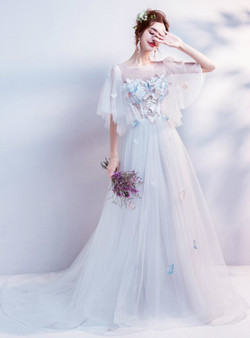 In Stock:Ship in 48 Hours A-Line White Tulle Butterfly Appliques Prom Dress