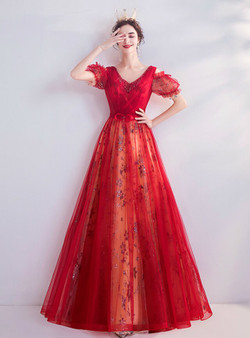 In Stock:Ship in 48 Hours Red Tulle Seuqins V-neck Pleats Beading Prom Dress