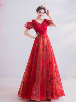 In Stock:Ship in 48 Hours Red Tulle Seuqins V-neck Pleats Beading Prom Dress