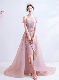 In Stock:Ship in 48 Hours Pink Tulle Off the Shoulder Appliques Beading Prom Dress With Split