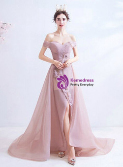 In Stock:Ship in 48 Hours Pink Tulle Off the Shoulder Appliques Beading Prom Dress With Split
