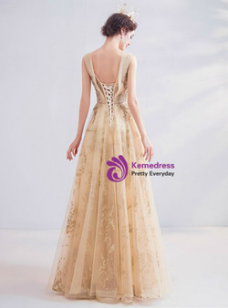 Casual In Stock:Ship in 48 Hours Gold Scoop Neck Tulle Seuqins Backless Prom Dress