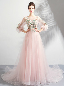 Princess In Stock:Ship in 48 Hours Pink Tulle Appliques Long Sleeve Backless Prom Dress