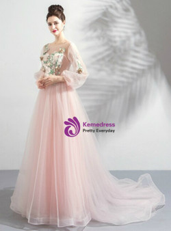 Princess In Stock:Ship in 48 Hours Pink Tulle Appliques Long Sleeve Backless Prom Dress