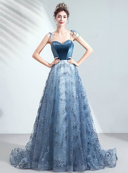 Advanced In Stock:Ship in 48 Hours Blue Tulle Sequins Beading Bling Bling Prom Dress