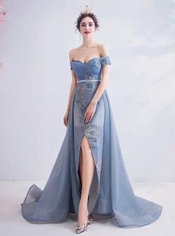 Amazing In Stock:Ship in 48 Hours Blue Off the Shoulder Appliques Pleats Prom Dress 